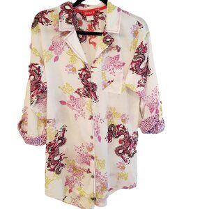Josie Natori Women's Button Down Asian Floral Dragon Long Artsy Blouse, Sz M,
